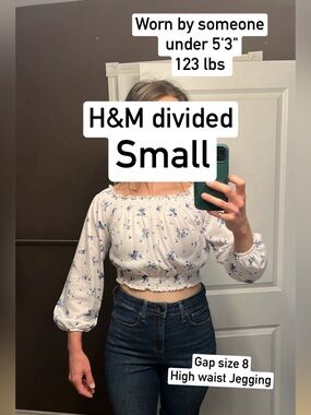 H&M Divided Blue ditsy Floral on white Smocked Crop Top. Off /on shoulder Small